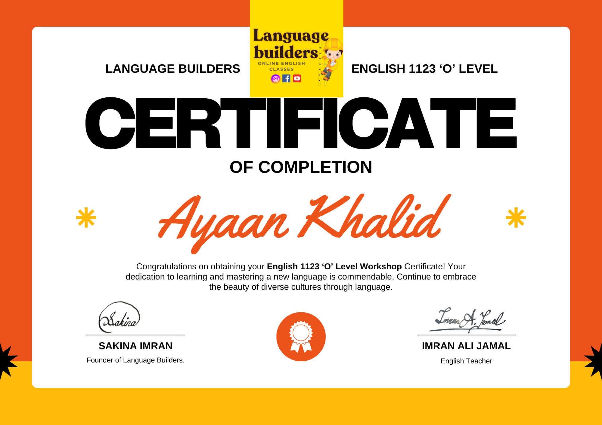 Certificate for Ayaan Khalid.