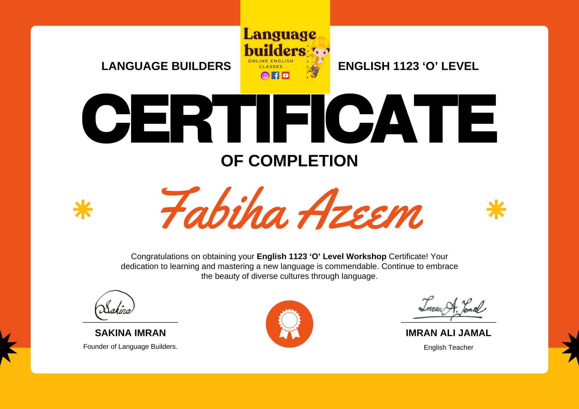 Fabiha Azeem Certificate