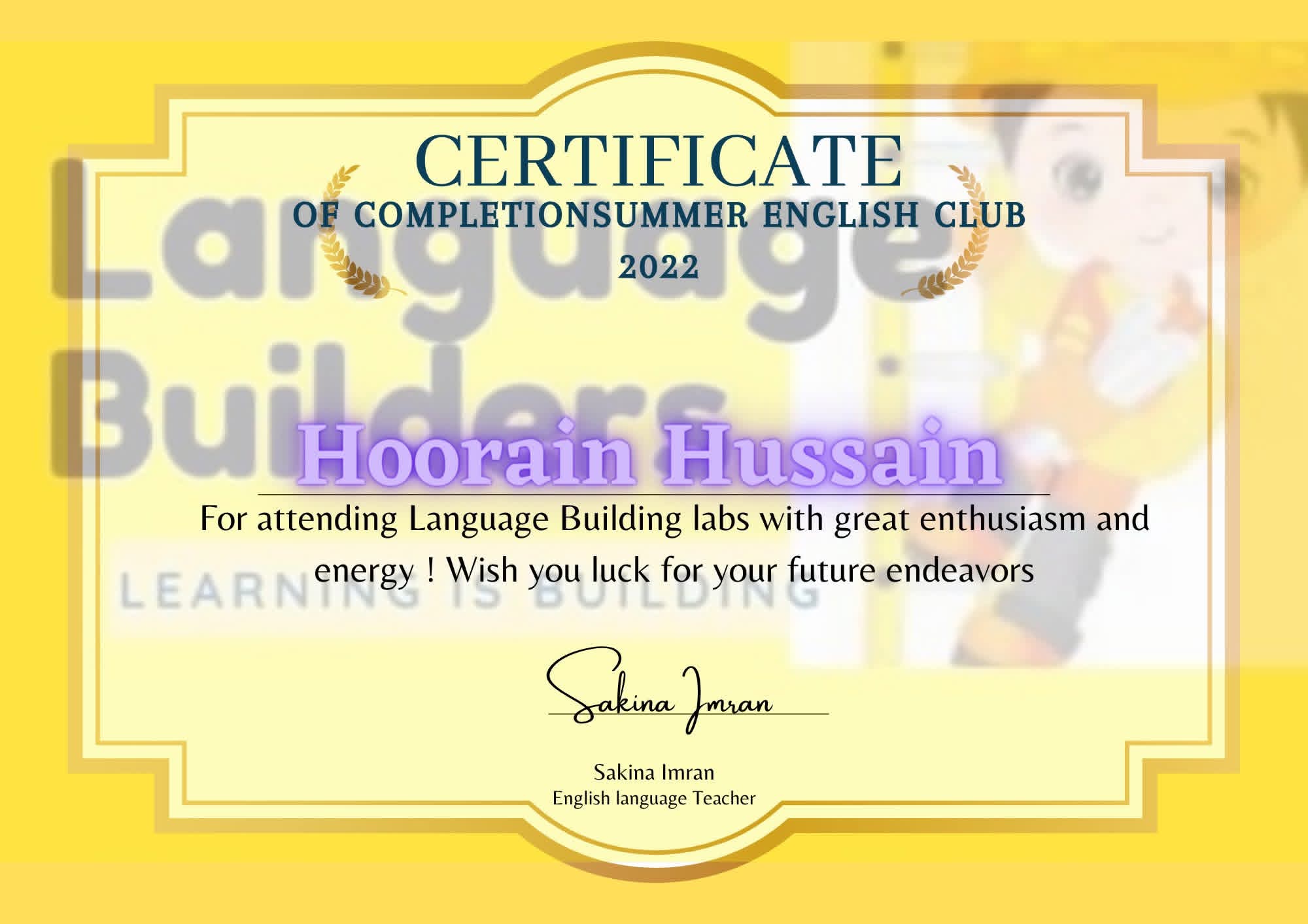 Certificate for Hoorain Hussain.