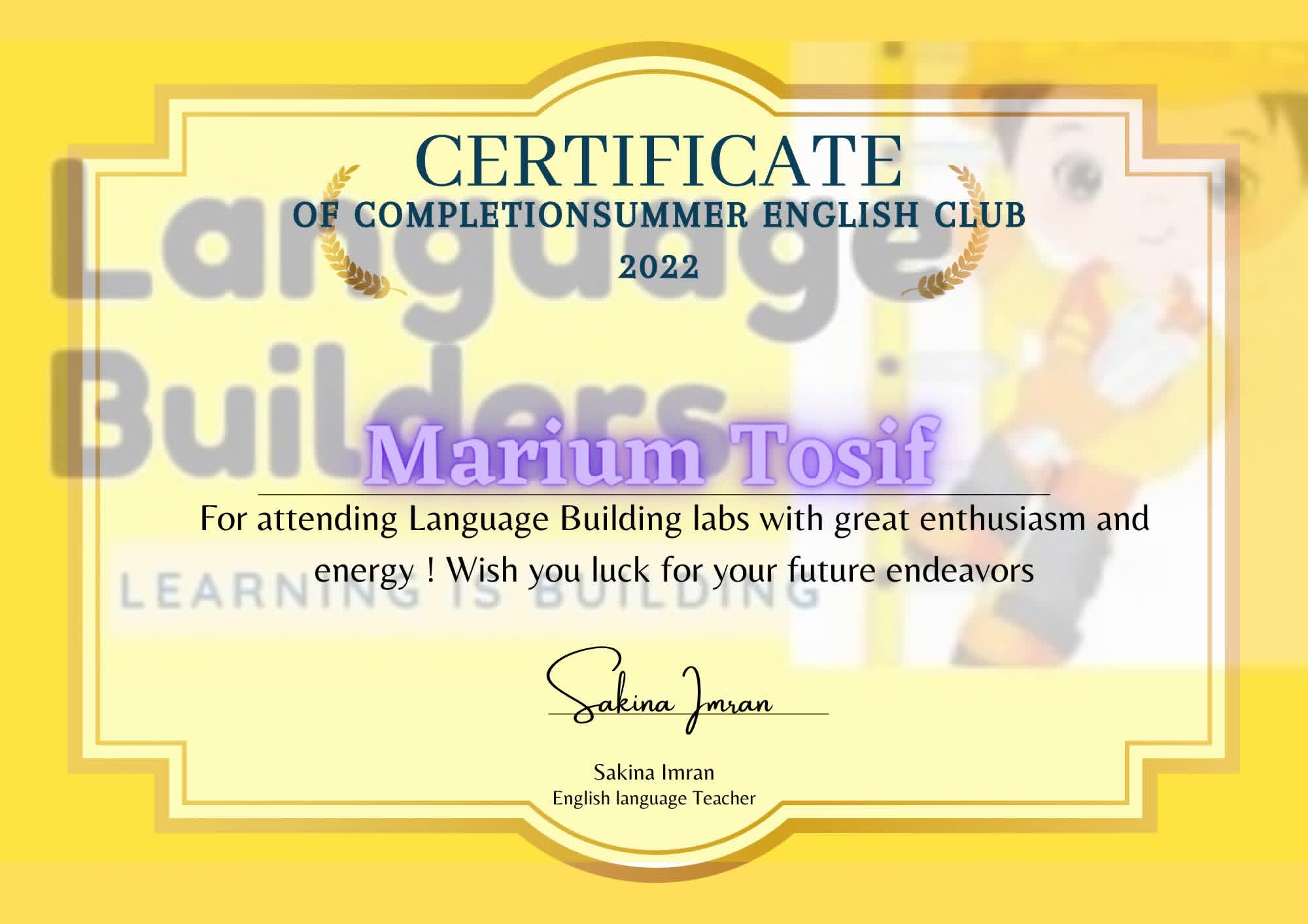 Marium Tosif Certificate