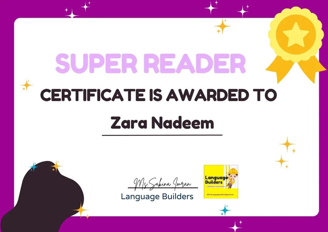 Certificate for Zara Nadeem.